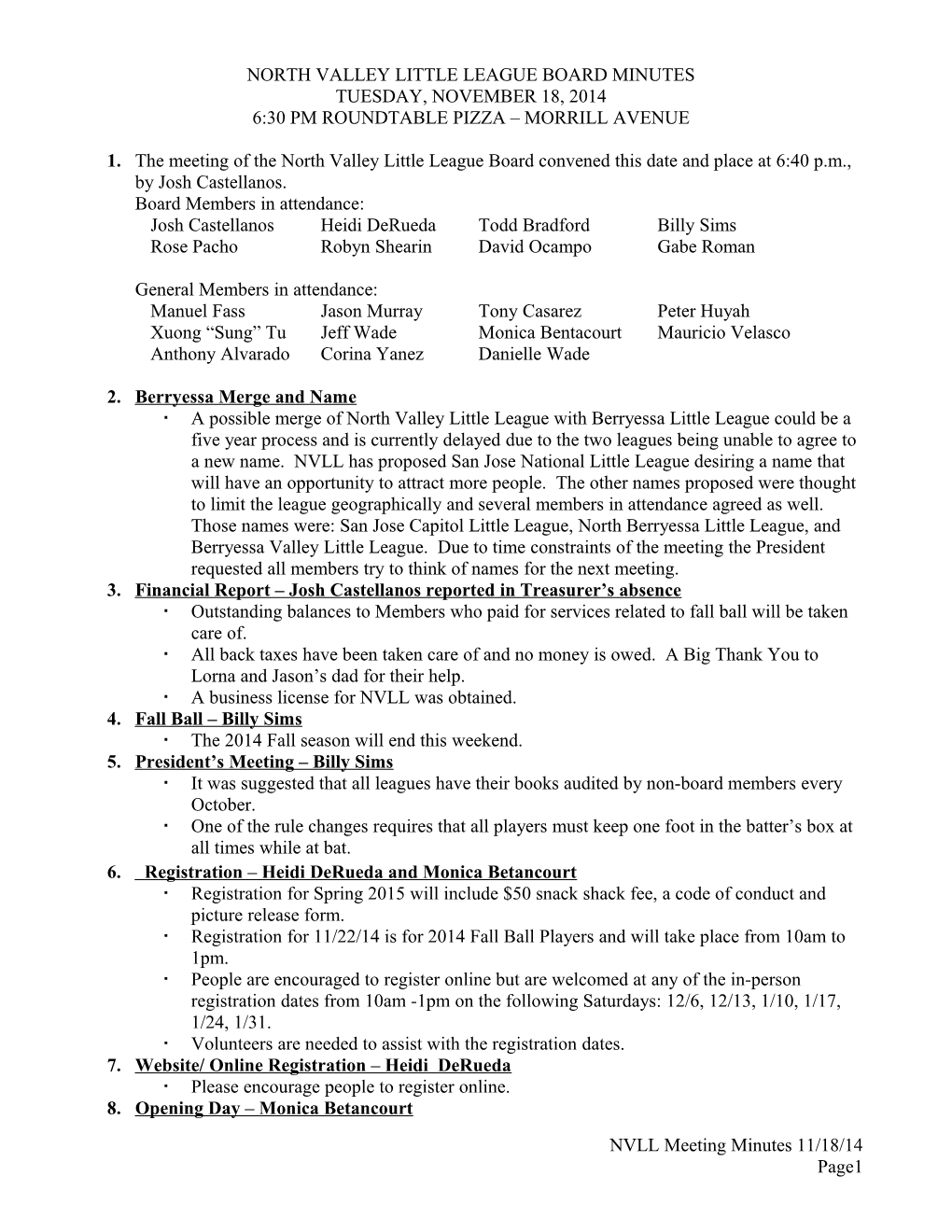 1. the Meeting of the North Valley Little League Board Convened This Date and Place At