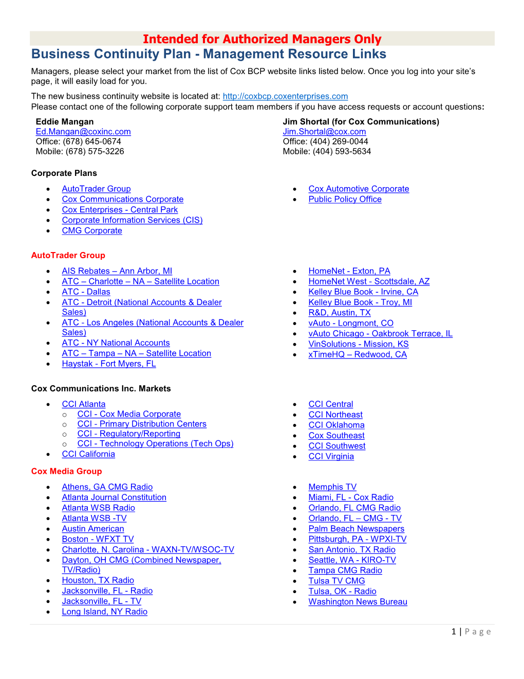 Business Continuity Plan - Management Resource Links Managers, Please Select Your Market from the List of Cox BCP Website Links Listed Below