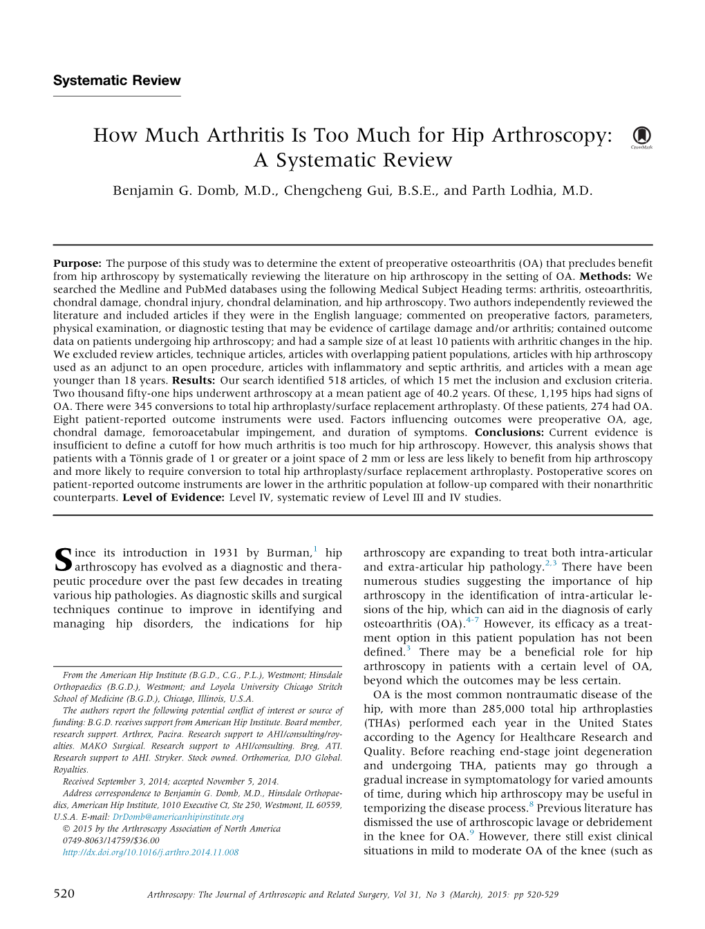 How Much Arthritis Is Too Much for Hip Arthroscopy: a Systematic Review Benjamin G