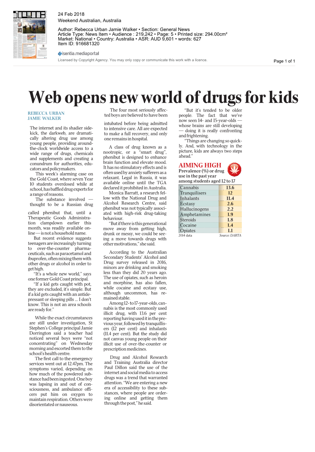 Web Opens New World of Drugs for Kids the Four Most Seriously Affec- REBECCA URBAN “But It’S Tended to Be Older Ted Boys Are Believed to Have Been JAMIE WALKER People