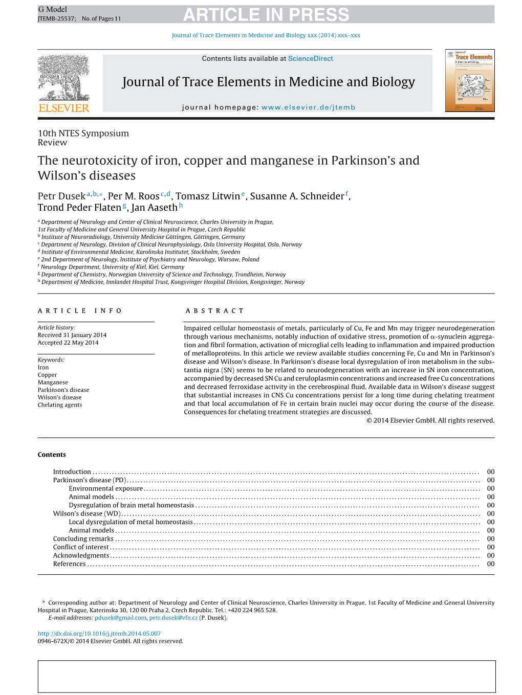 The Neurotoxicity of Iron, Copper and Manganese in Parkinson's And