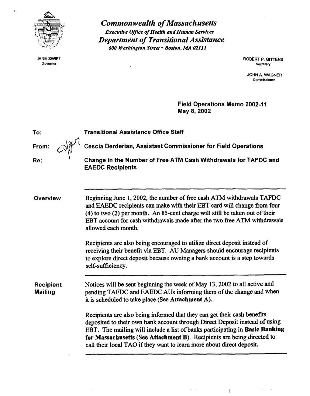 Commonwealth of Massachusetts Department of Transitional Assistance