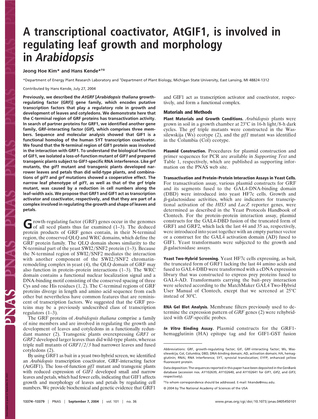 A Transcriptional Coactivator, Atgif1, Is Involved in Regulating Leaf Growth and Morphology in Arabidopsis