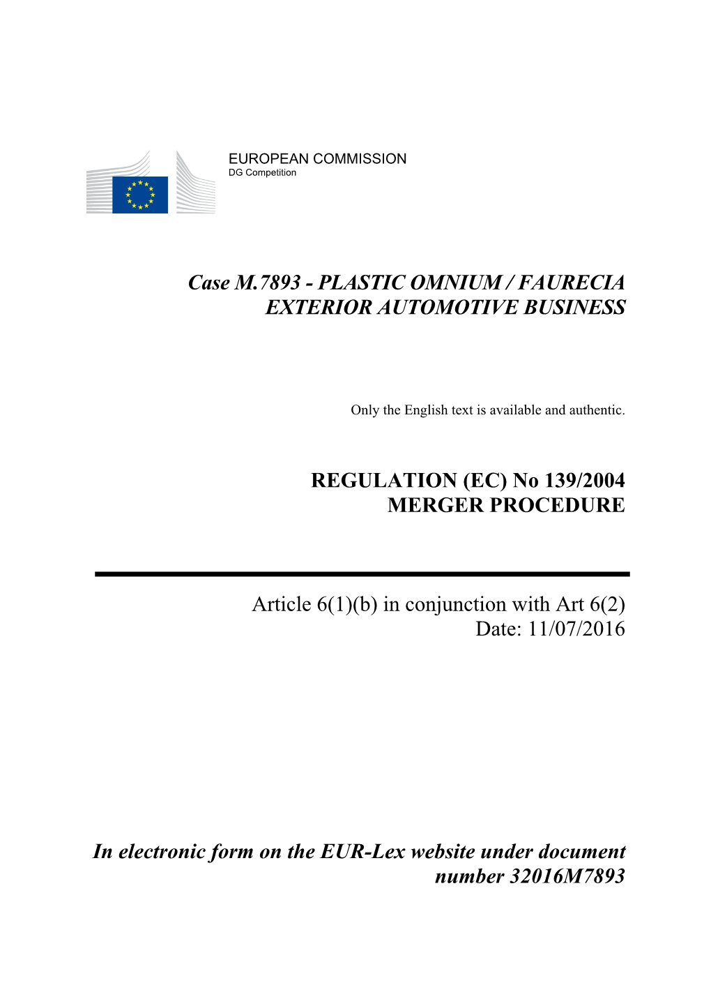 Case M.7893 - PLASTIC OMNIUM / FAURECIA EXTERIOR AUTOMOTIVE BUSINESS