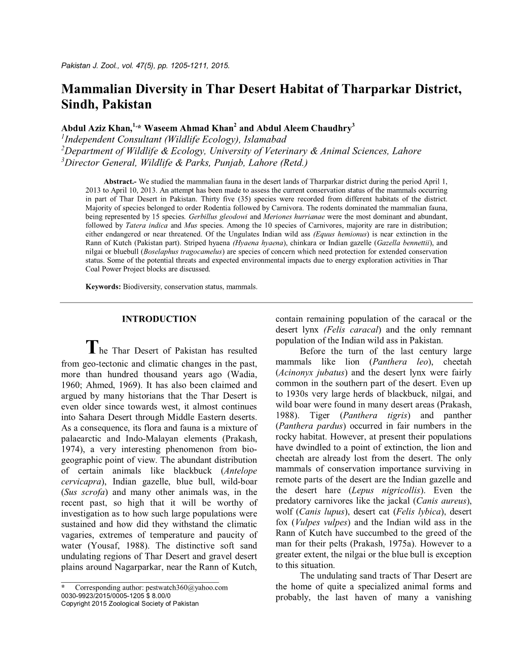 Mammalian Diversity in Thar Desert Habitat of Tharparkar District, Sindh, Pakistan