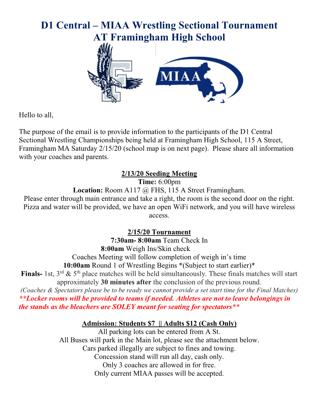 D1 Central – MIAA Wrestling Sectional Tournament at Framingham High School