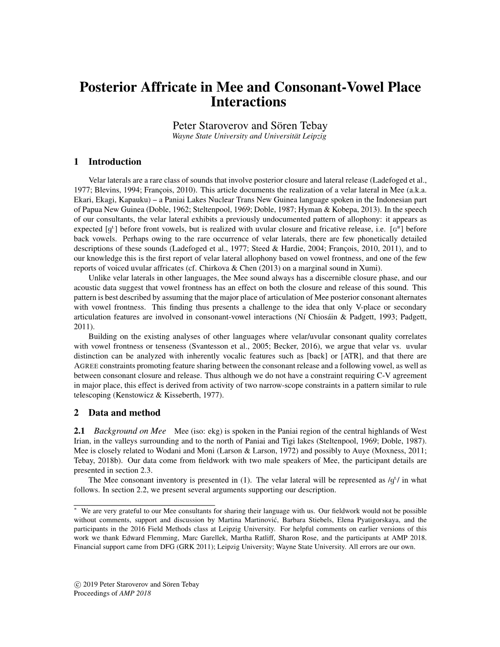 Posterior Affricate in Mee and Consonant-Vowel Place Interactions Peter Staroverov and Soren¨ Tebay Wayne State University and Universitat¨ Leipzig