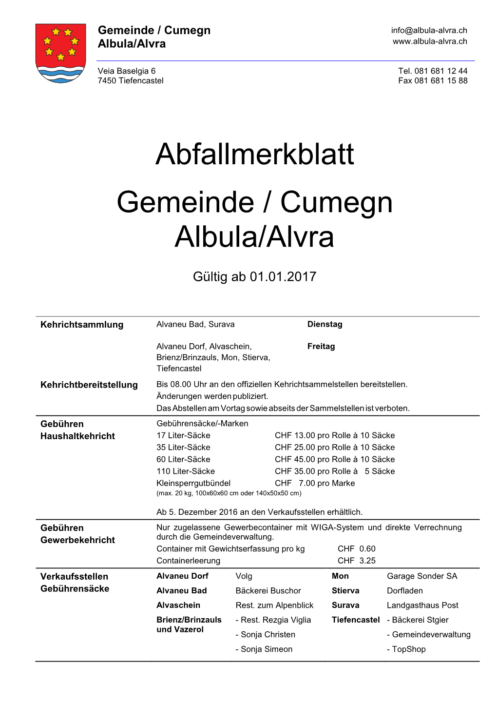 Abfallmerkblatt Gemeinde / Cumegn Albula/Alvra