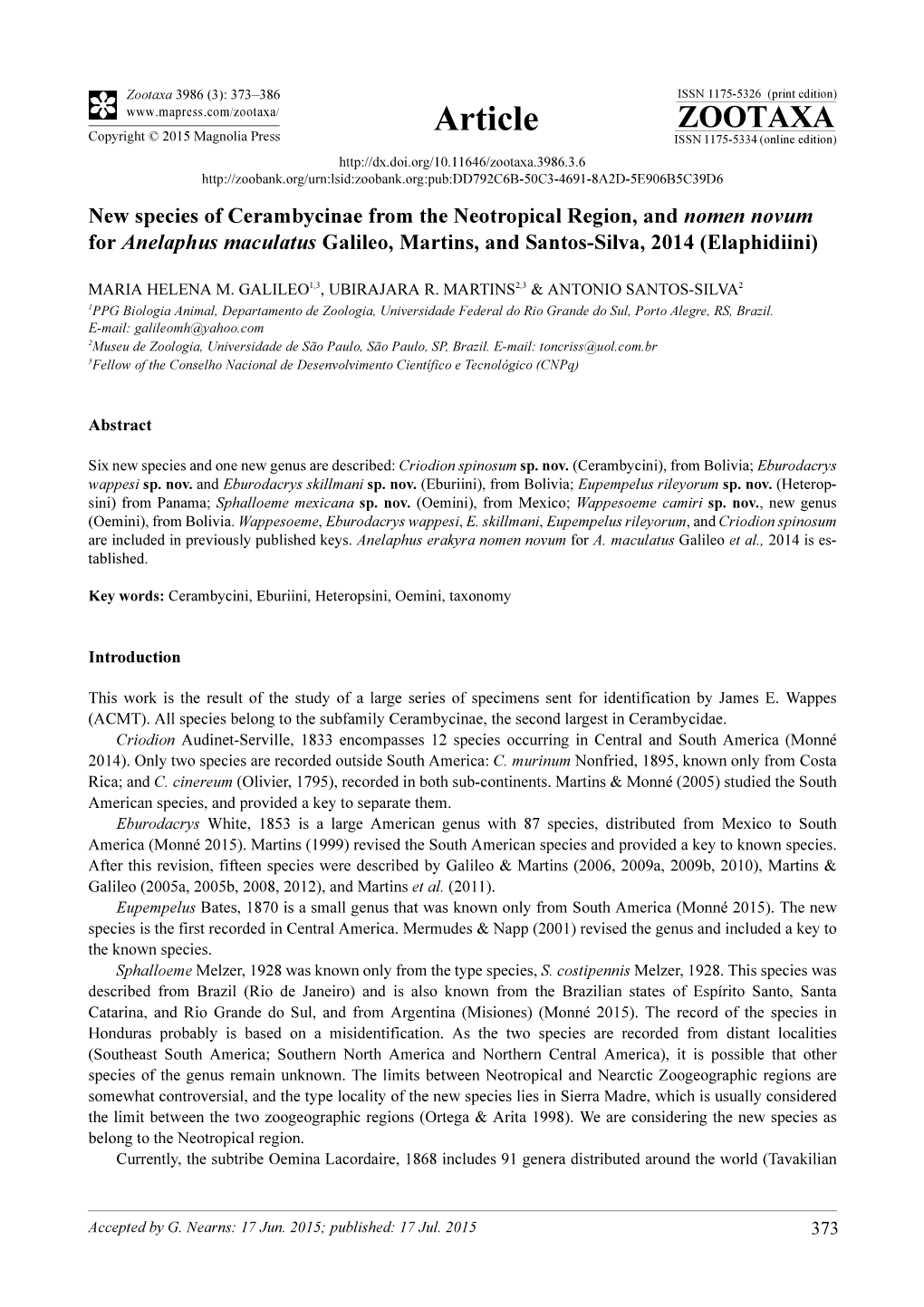 New Species of Cerambycinae from the Neotropical Region, and Nomen Novum for Anelaphus Maculatus Galileo, Martins, and Santos-Silva, 2014 (Elaphidiini)