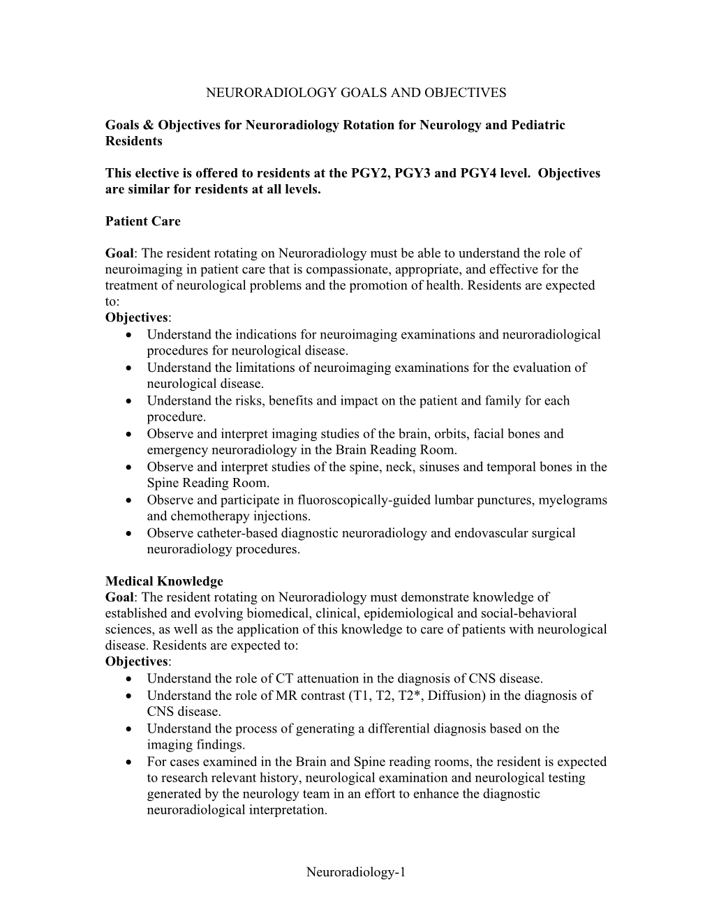 Neuroradiology Goals and Objectives