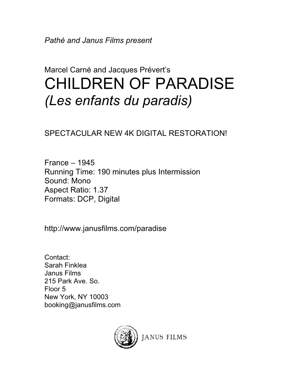 Children of Paradise Press Notes