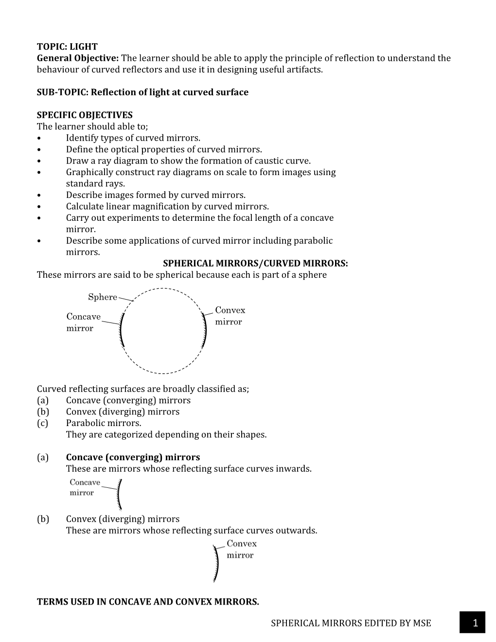 SPHERICAL MIRRORS EDITED by MSE TOPIC: LIGHT General