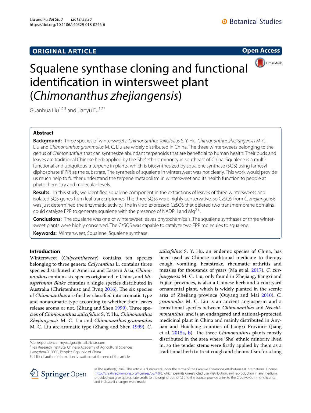 Squalene Synthase Cloning and Functional Identification in Wintersweet Plant (Chimonanthus Zhejiangensis)