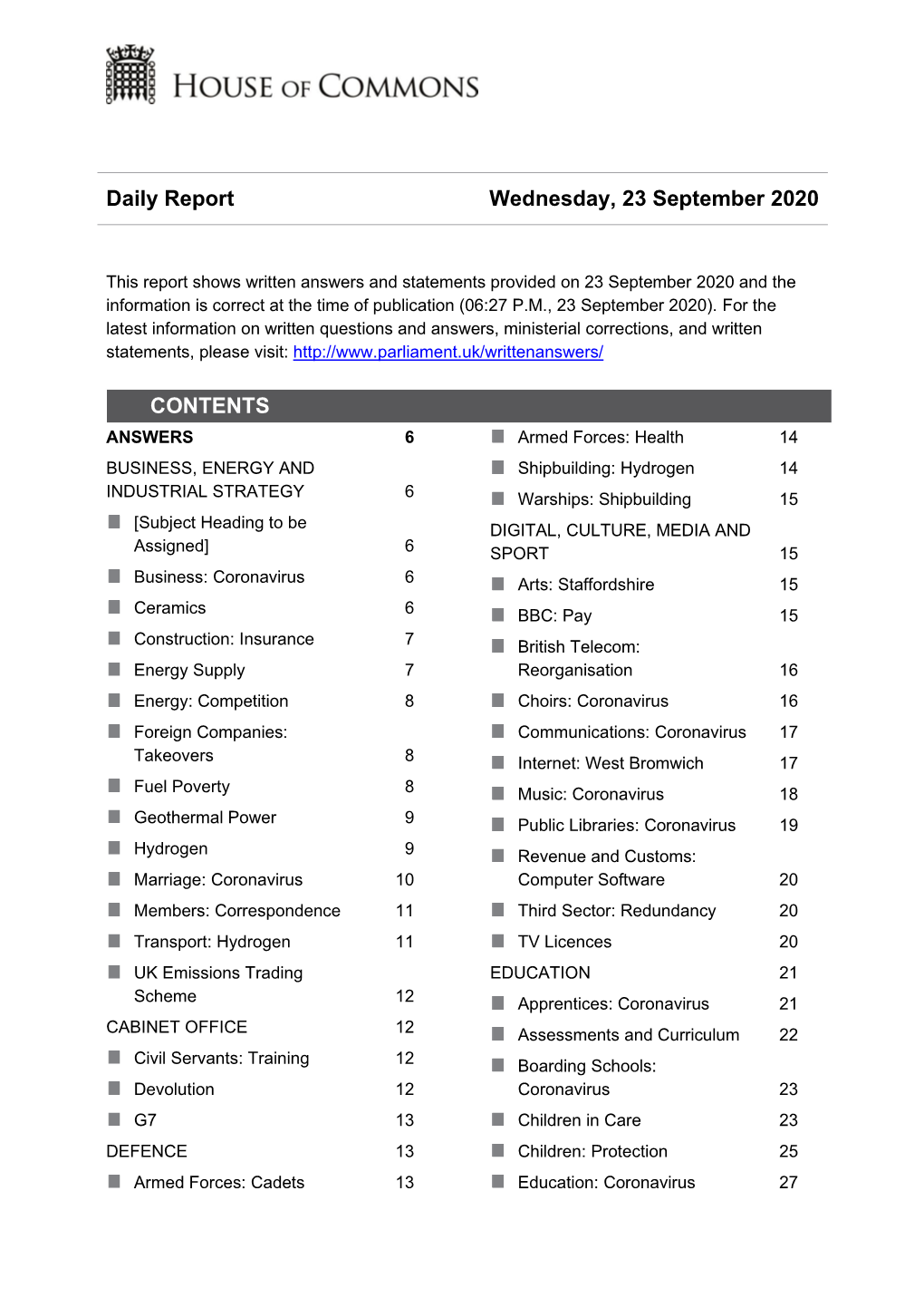 Daily Report Wednesday, 23 September 2020 CONTENTS