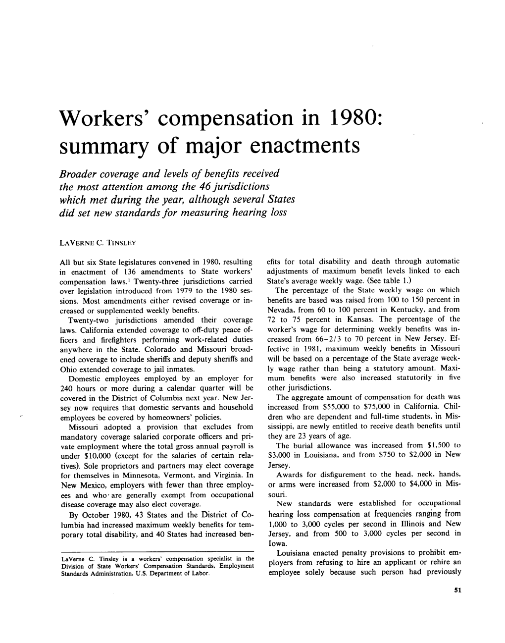 Workers' Compensation in 1980: Summary of Major Enactments