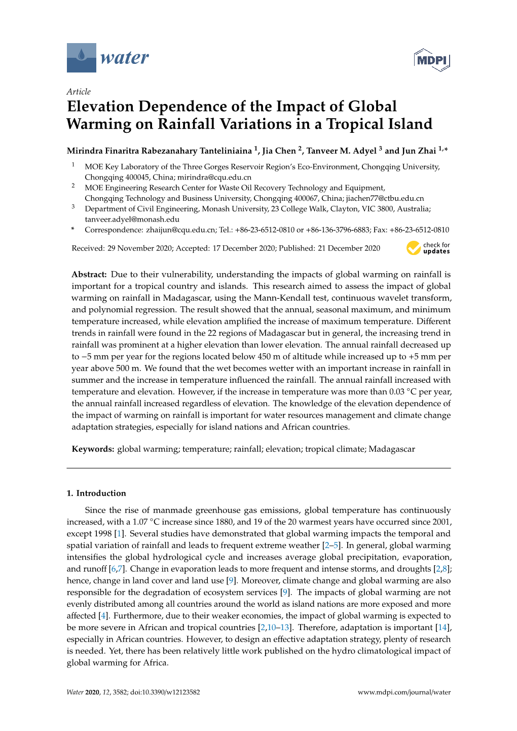 Elevation Dependence of the Impact of Global Warming on Rainfall Variations in a Tropical Island