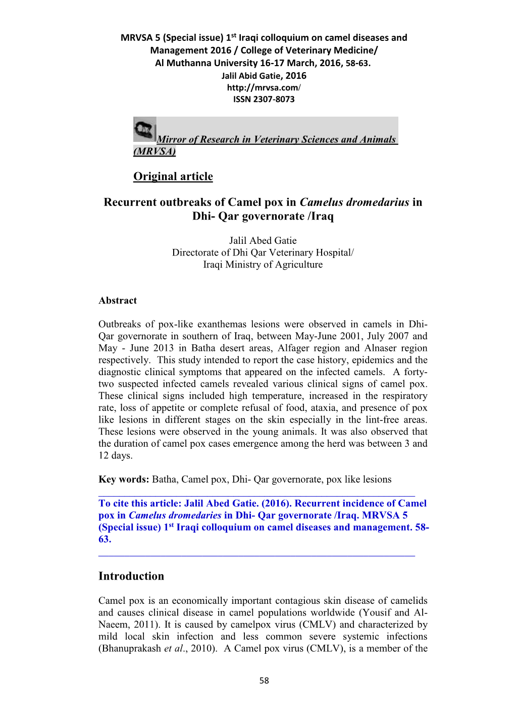 Original Article Recurrent Outbreaks of Camel Pox in Camelus