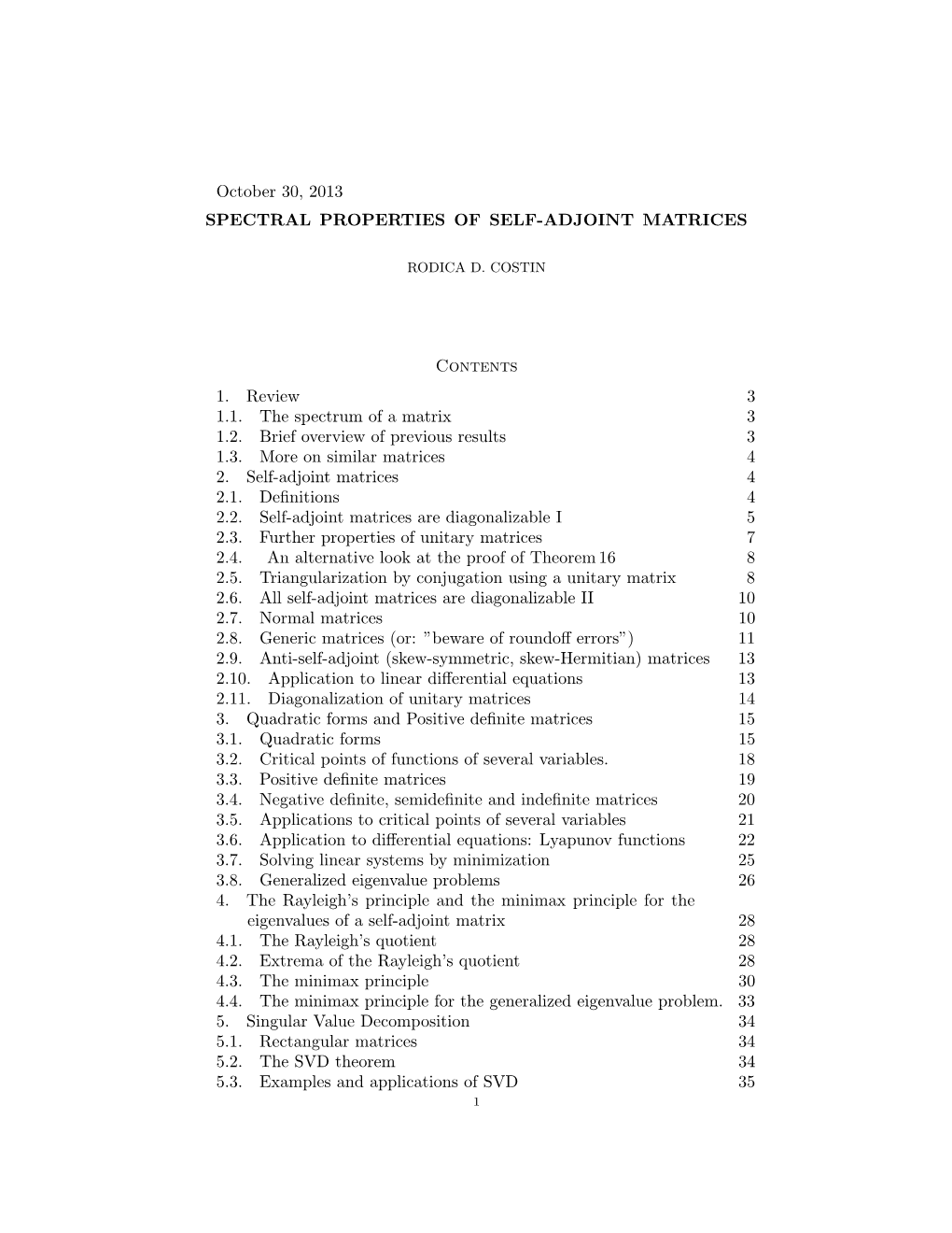 October 30, 2013 SPECTRAL PROPERTIES of SELF-ADJOINT MATRICES