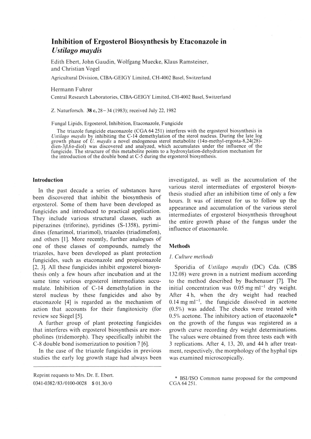 Inhibition of Ergosterol Biosynthesis by Etaconazole in Ustilago Maydis