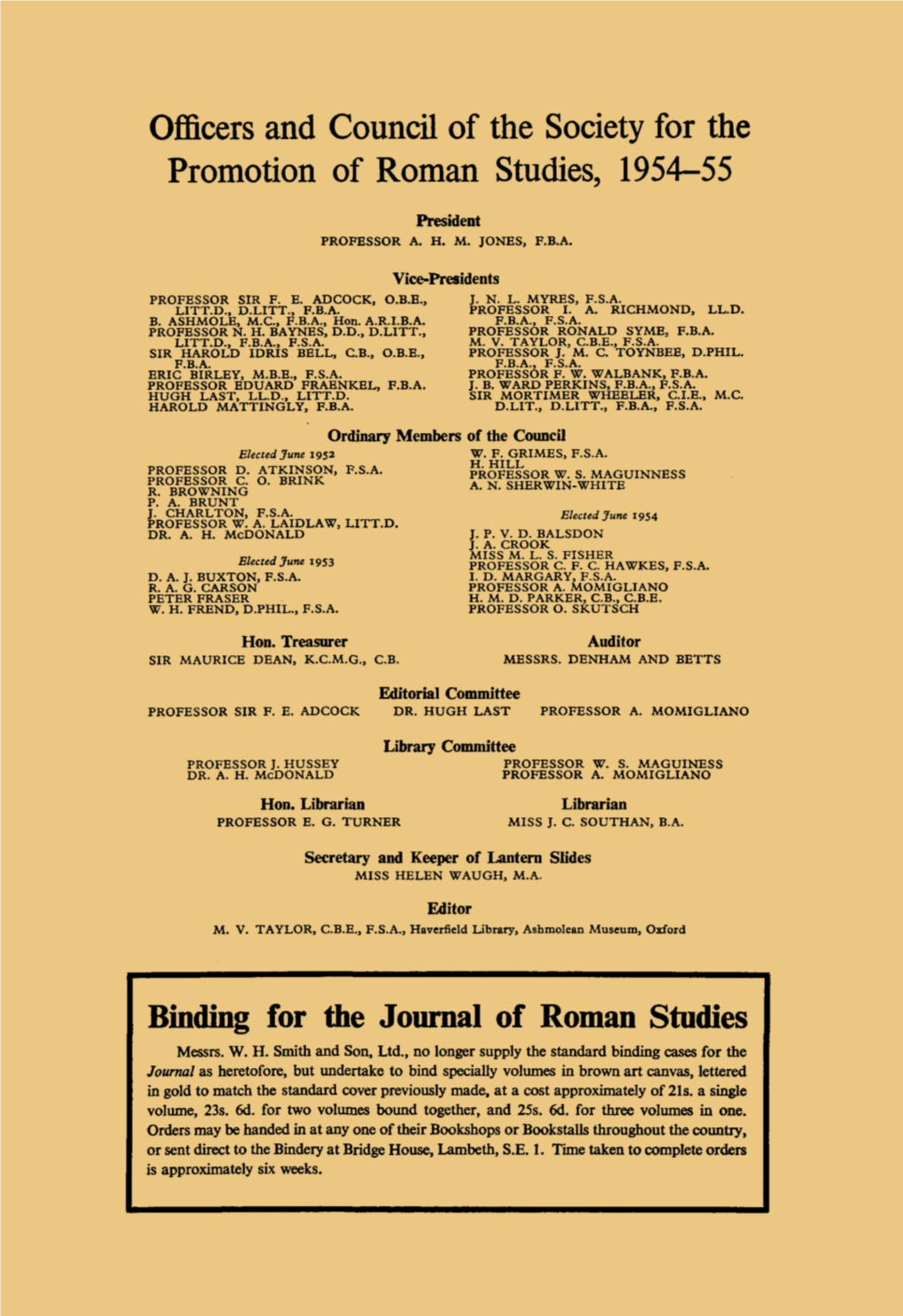 Officers and Council of the Society for the Promotion of Roman Studies, 1954-55