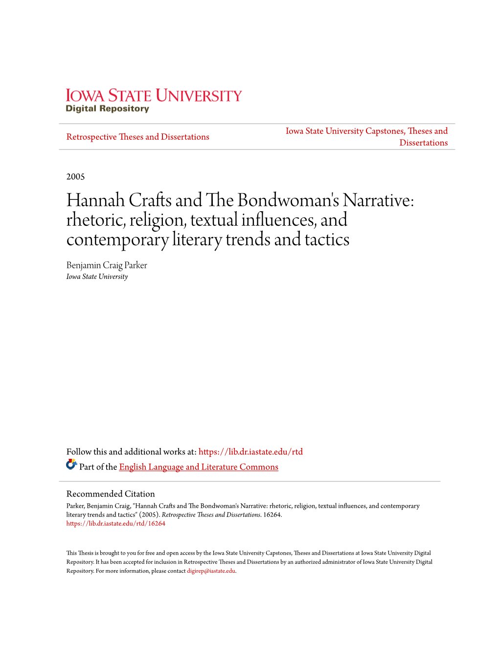 Hannah Crafts and the Bondwoman's Narrative: Rhetoric, Religion, Textual