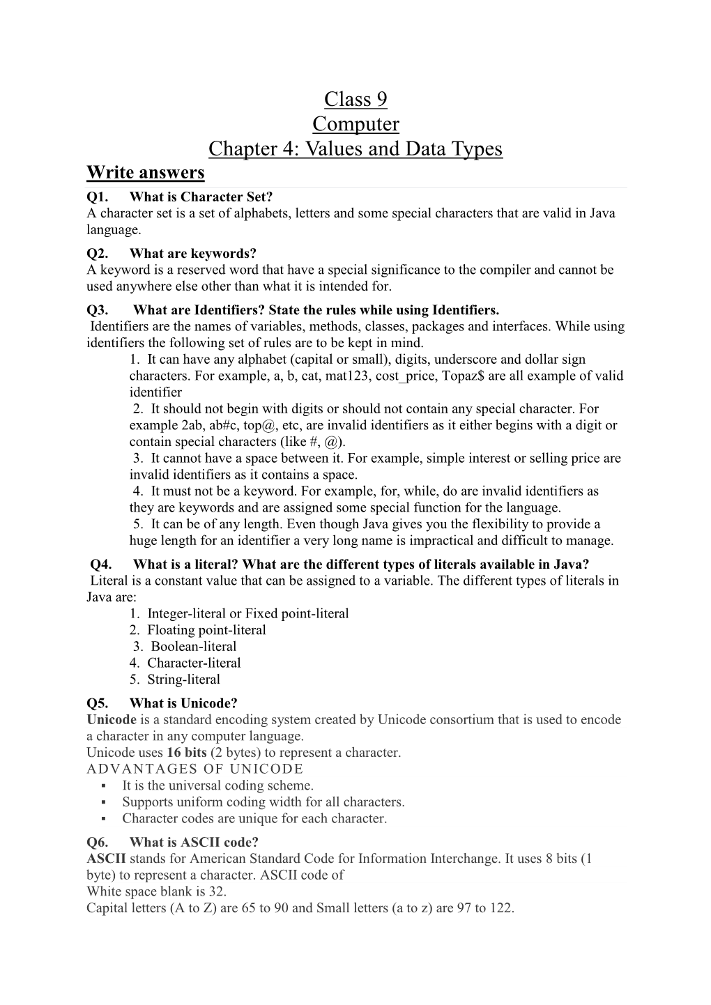 Class 9 Computer Chapter 4: Values and Data Types Write Answers Q1