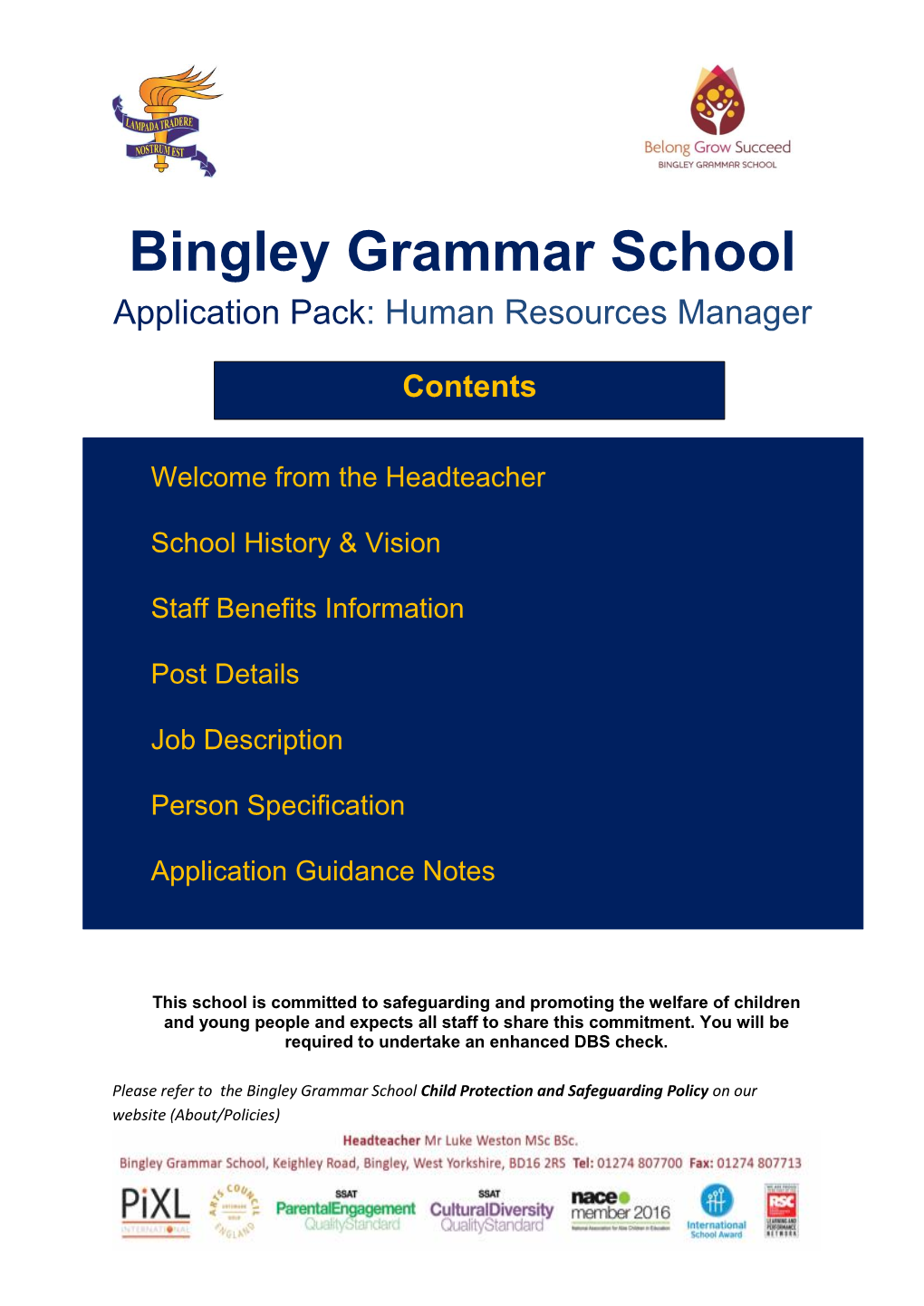 Bingley Grammar School Application Pack: Human Resources Manager