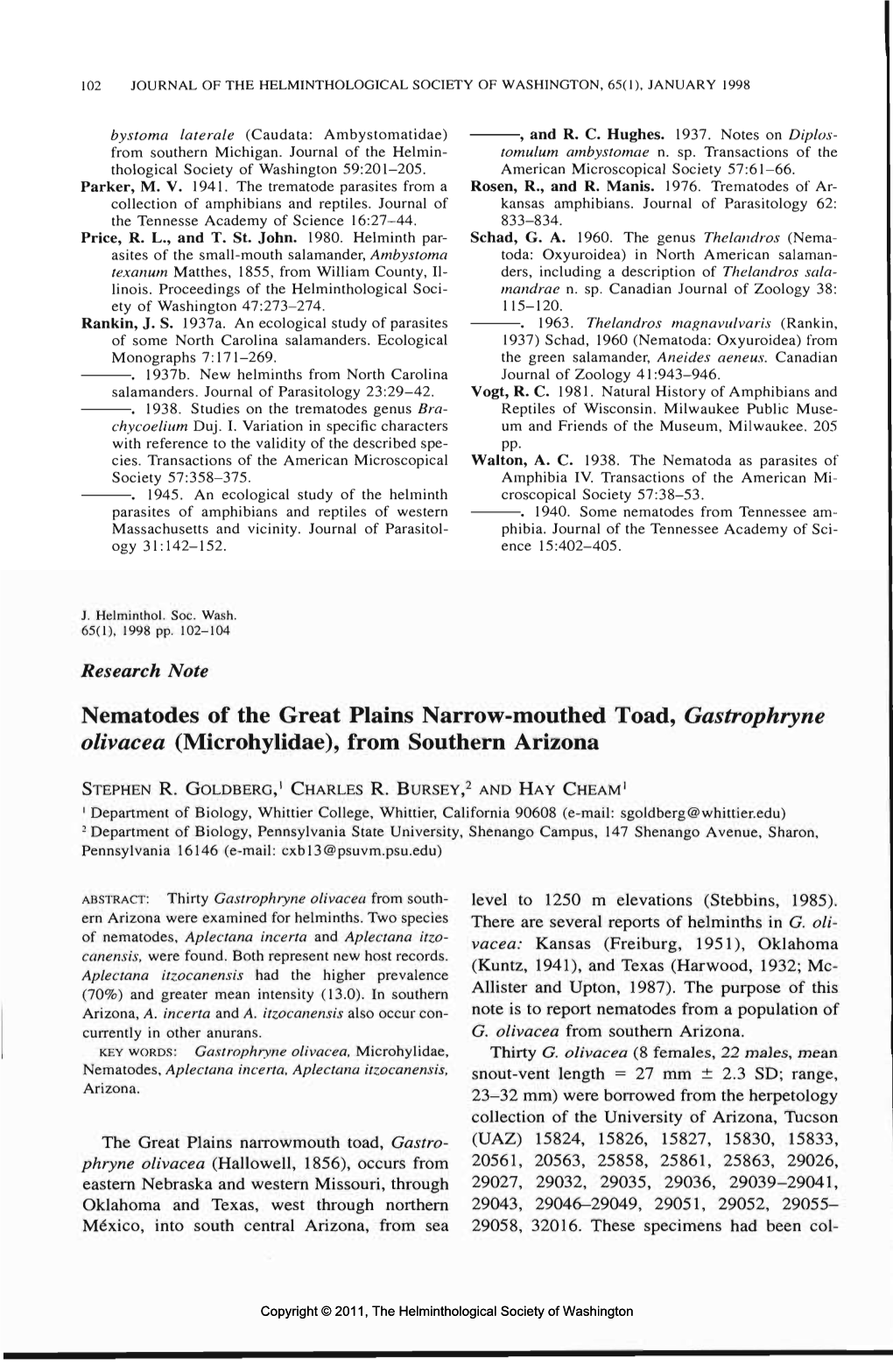 Nematodes of the Great Plains Narrow-Mouthed Toad, Gastrophryne Olivacea (Microhylidae), from Southern Arizona