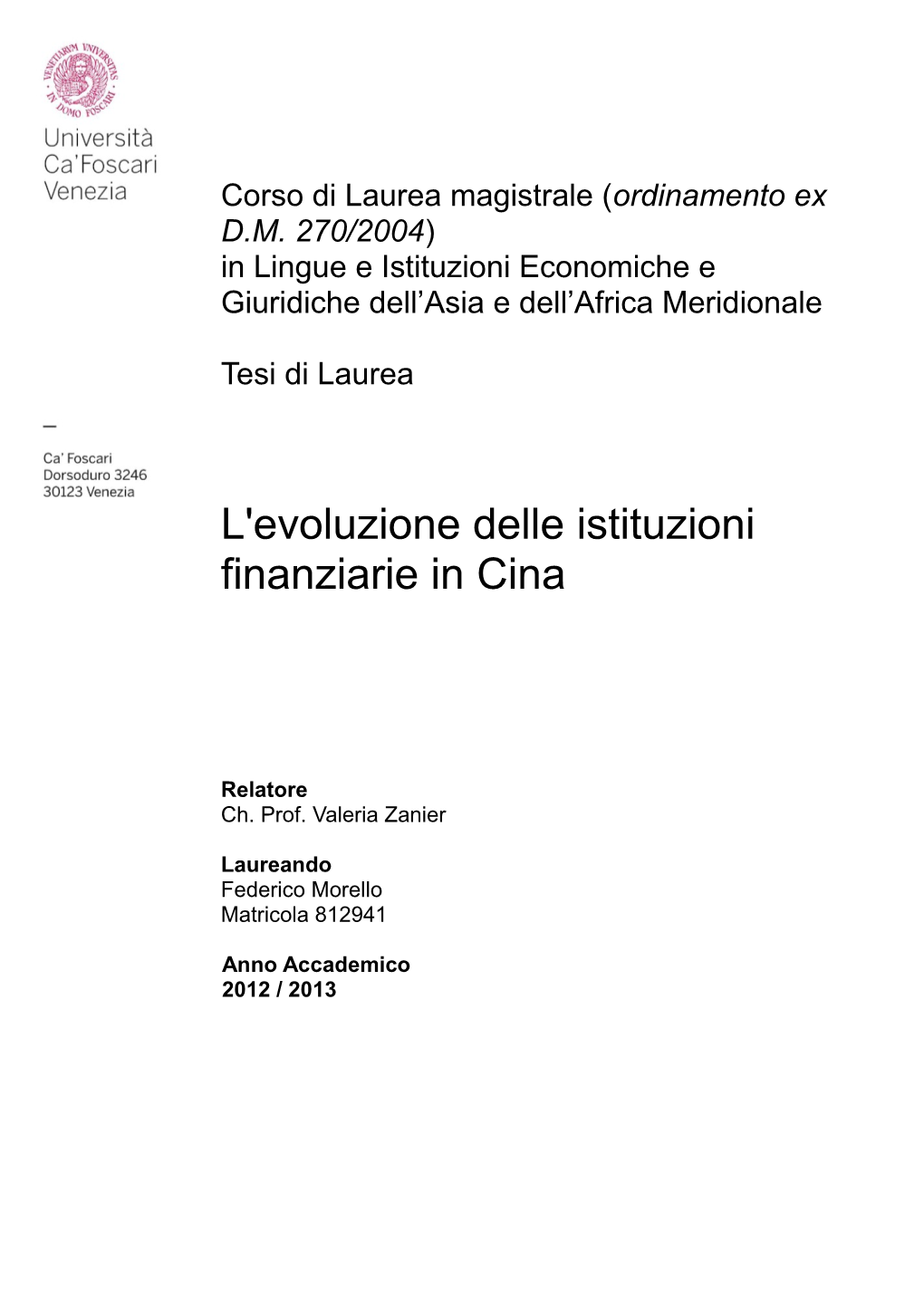 L'evoluzione Delle Istituzioni Finanziarie in Cina