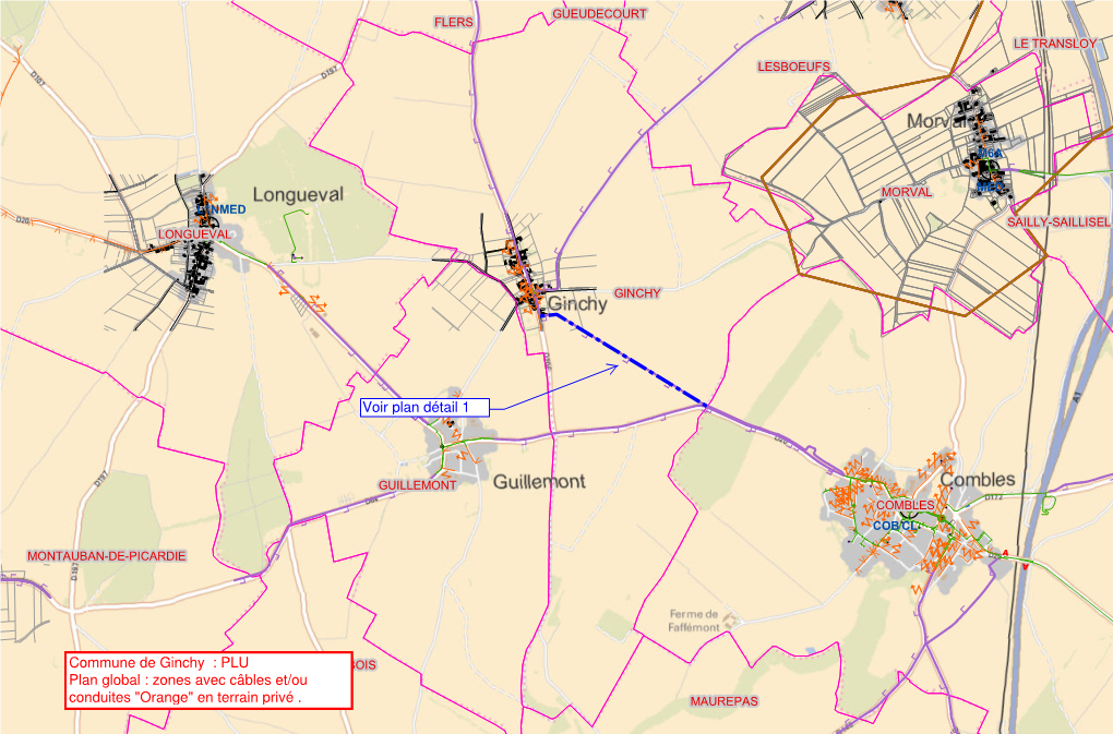 Voir Plan Détail 1 Commune De Ginchy : PLU Plan Global : Zones Avec Câbles Et/Ou Conduites 