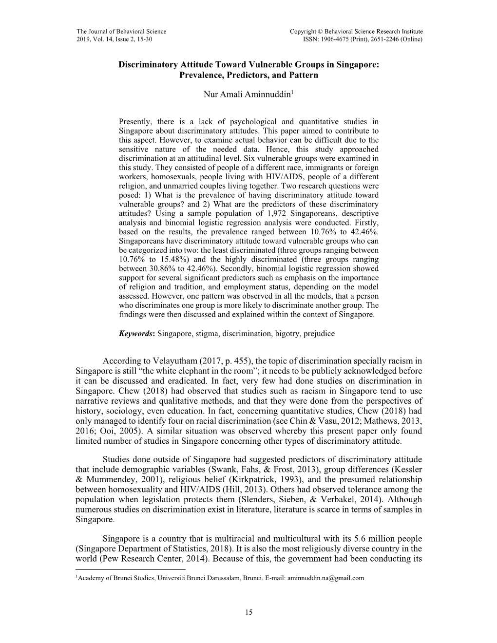 Discriminatory Attitude Toward Vulnerable Groups in Singapore: Prevalence, Predictors, and Pattern