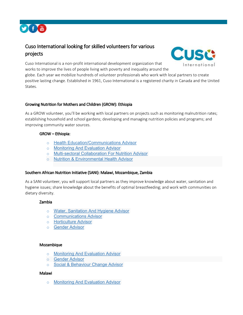 Cuso International Looking for Skilled Volunteers for Various Projects