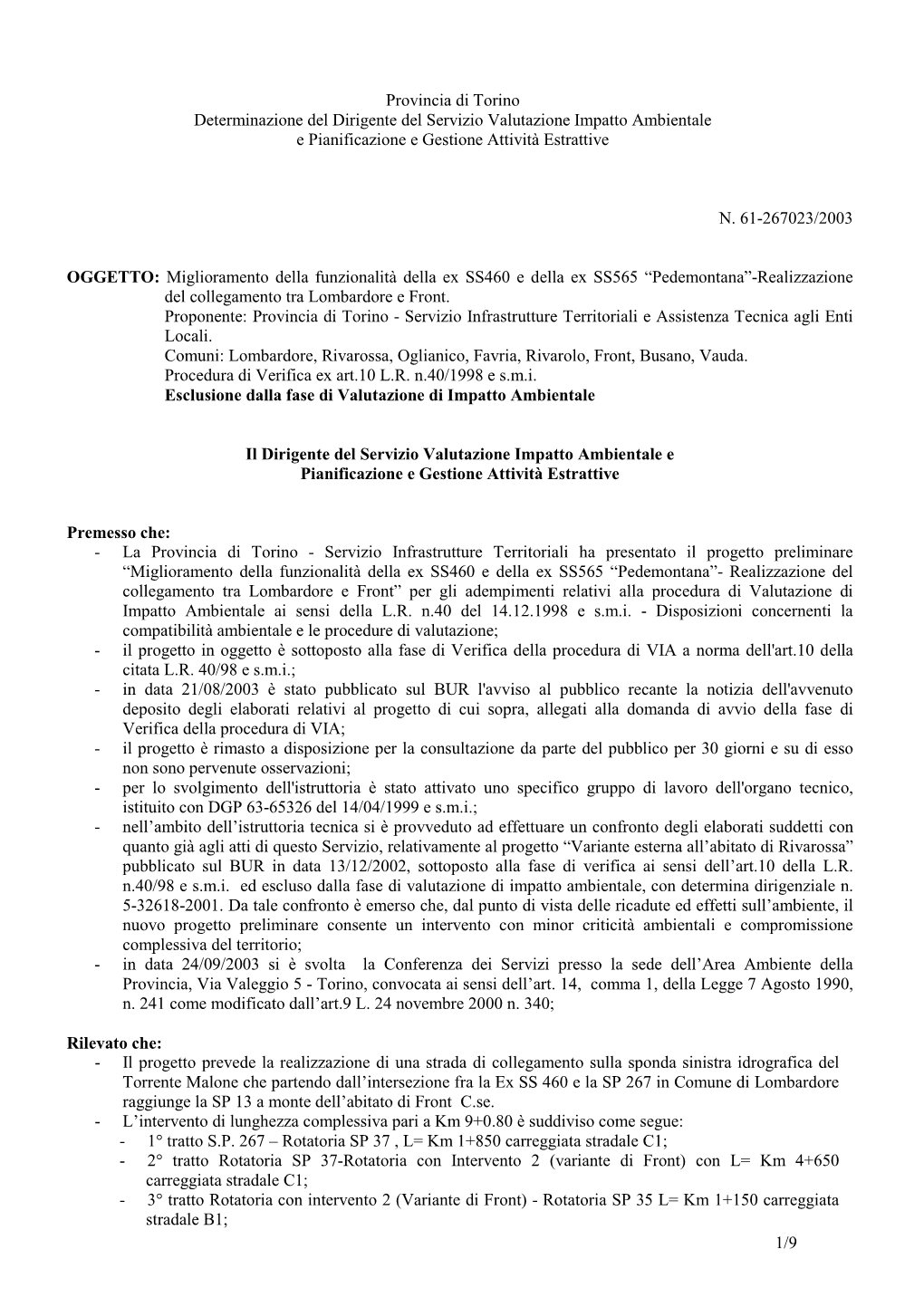 1/9 Provincia Di Torino Determinazione Del Dirigente Del