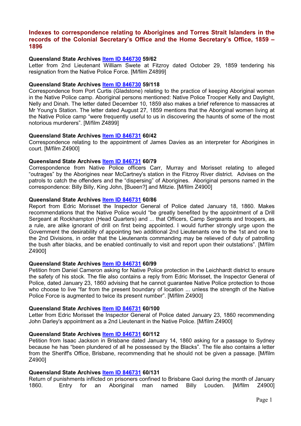 Indexes to Correspondence Relating to Aborigines and Torres Strait