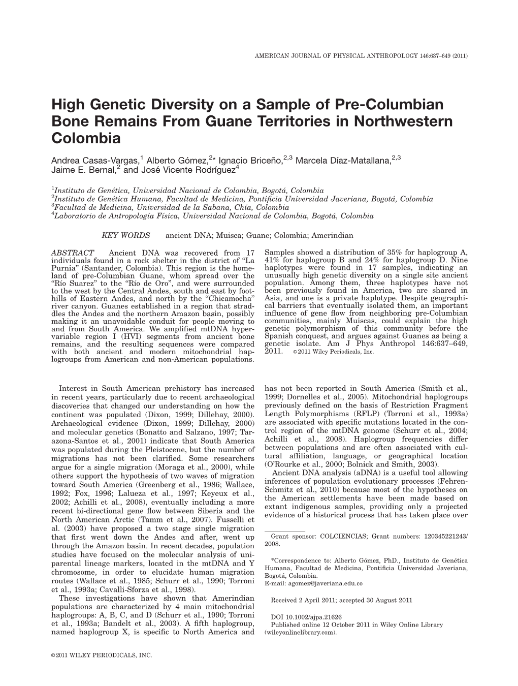 High Genetic Diversity on a Sample of Precolumbian Bone Remains From