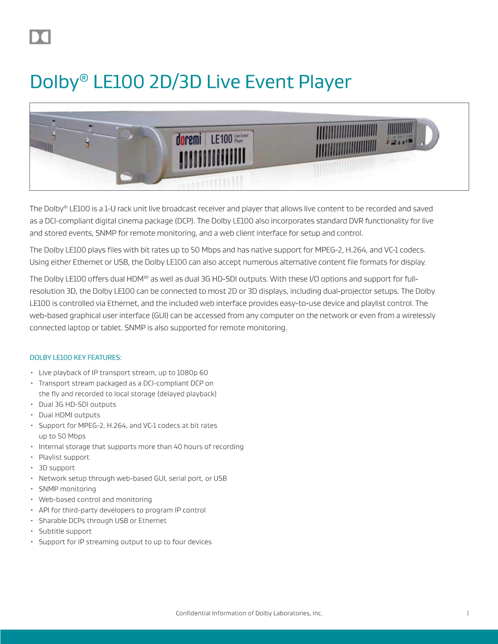 Dolby® LE100 2D/3D Live Event Player