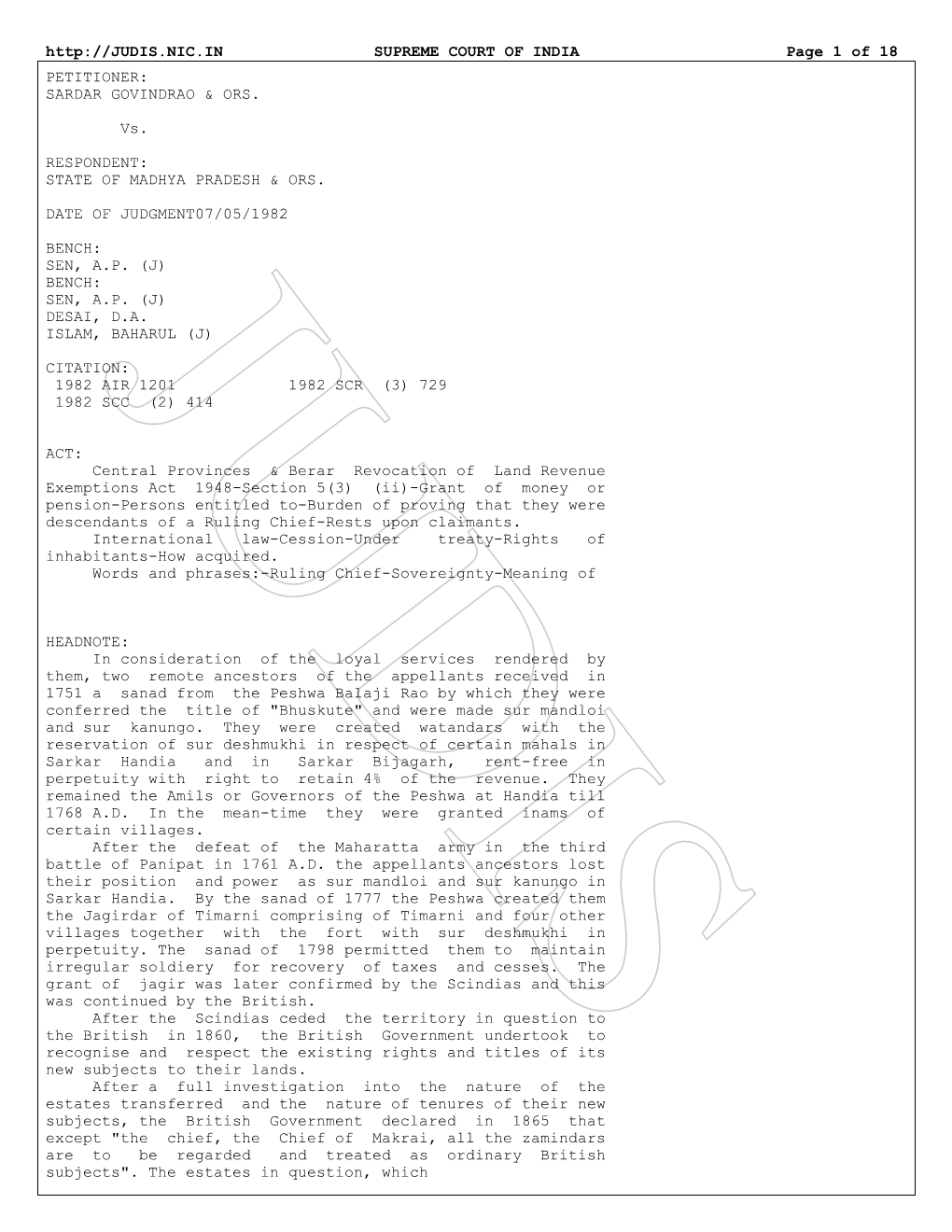 SUPREME COURT of INDIA Page 1 of 18 PETITIONER: SARDAR GOVINDRAO & ORS