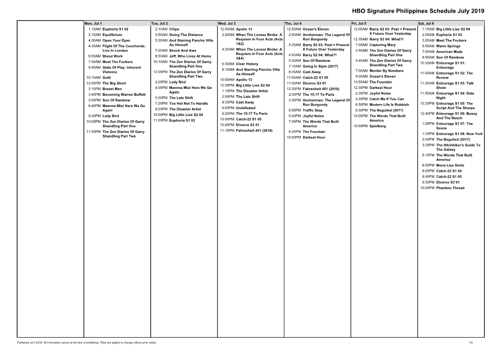 HBO Signature Philippines Schedule July 2019