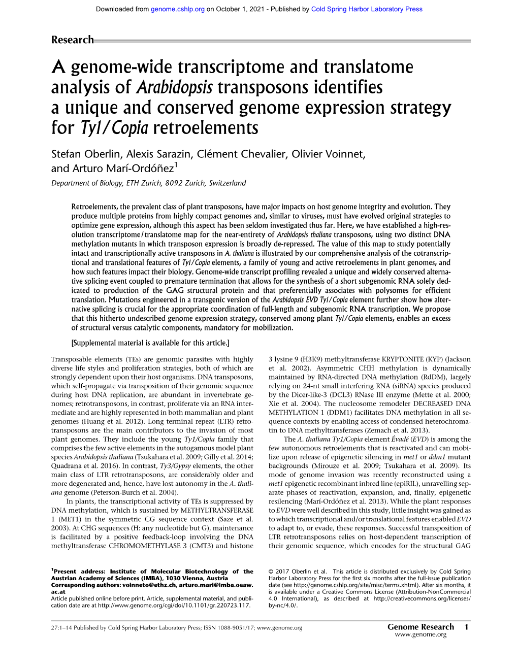 A Genome-Wide Transcriptome and Translatome Analysis of Arabidopsis