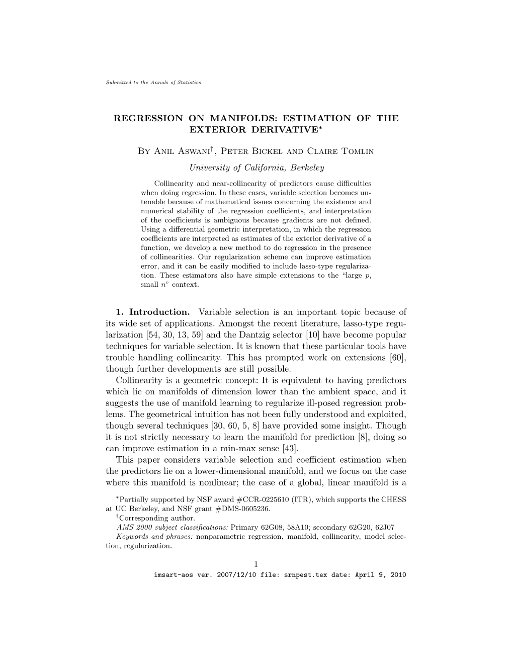 Regression on Manifolds: Estimation of the Exterior Derivative∗