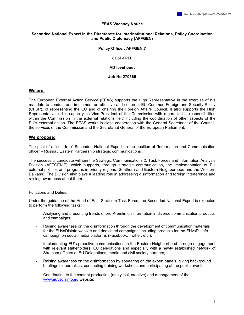 EEAS Vacancy Notice Seconded National Expert in the Directorate for Interinstitutional Relations, Policy Coordination and Public Diplomacy