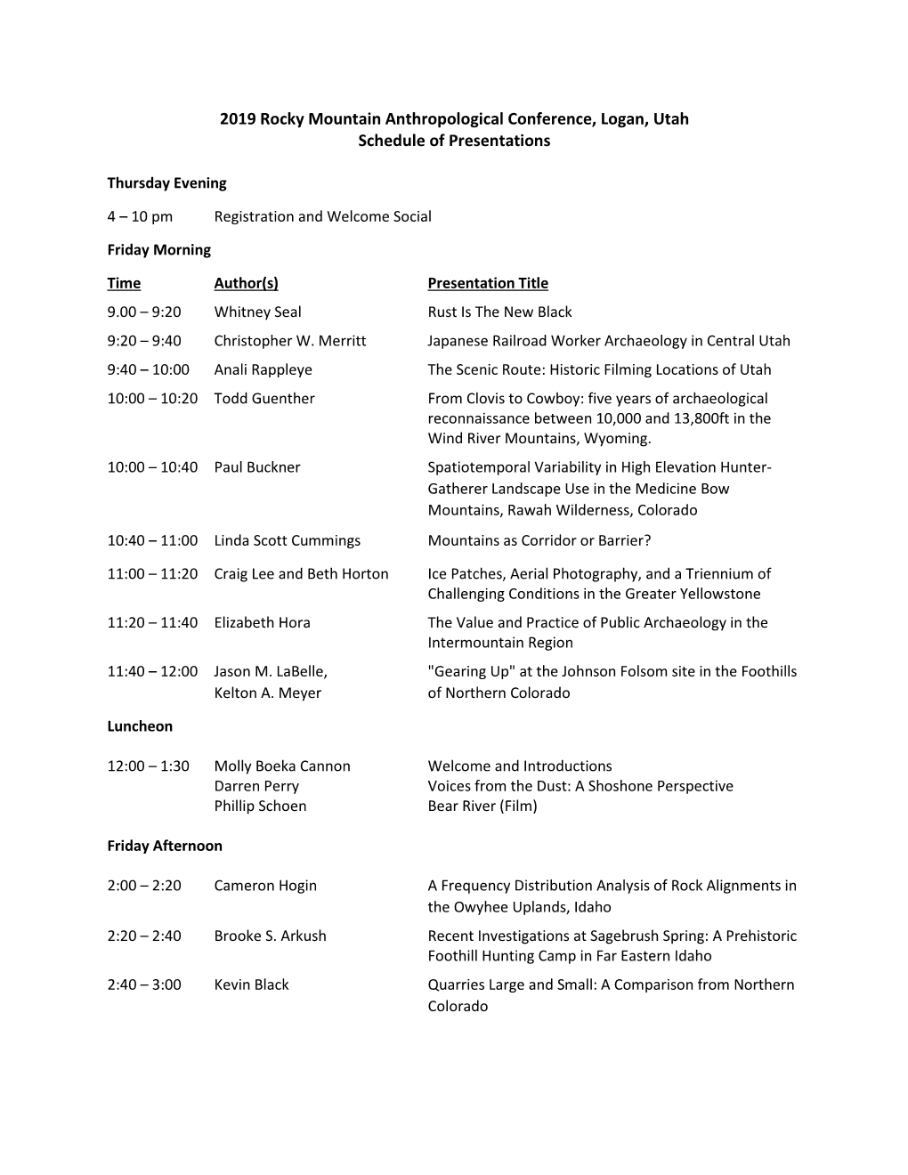 2019 Rocky Mountain Anthropological Conference, Logan, Utah Schedule of Presentations