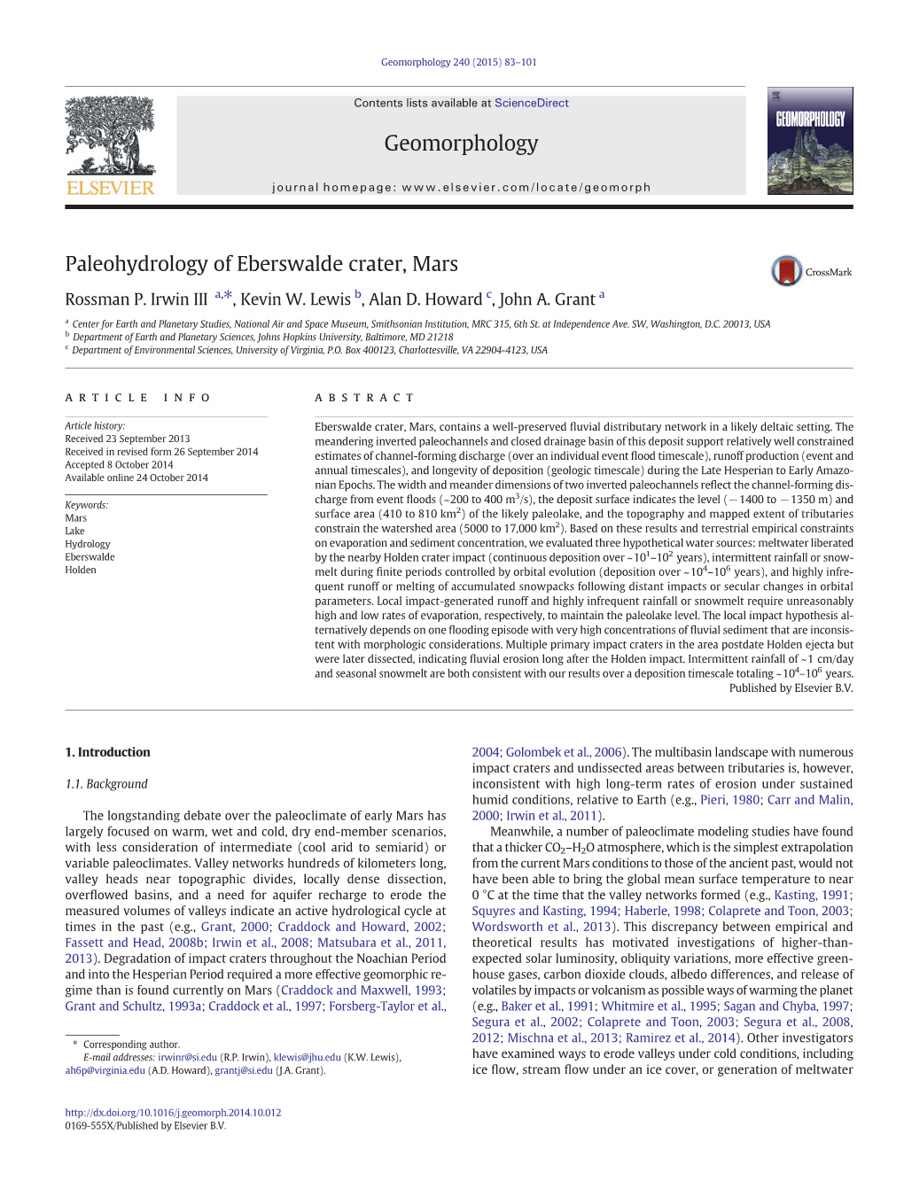 Paleohydrology of Eberswalde Crater, Mars