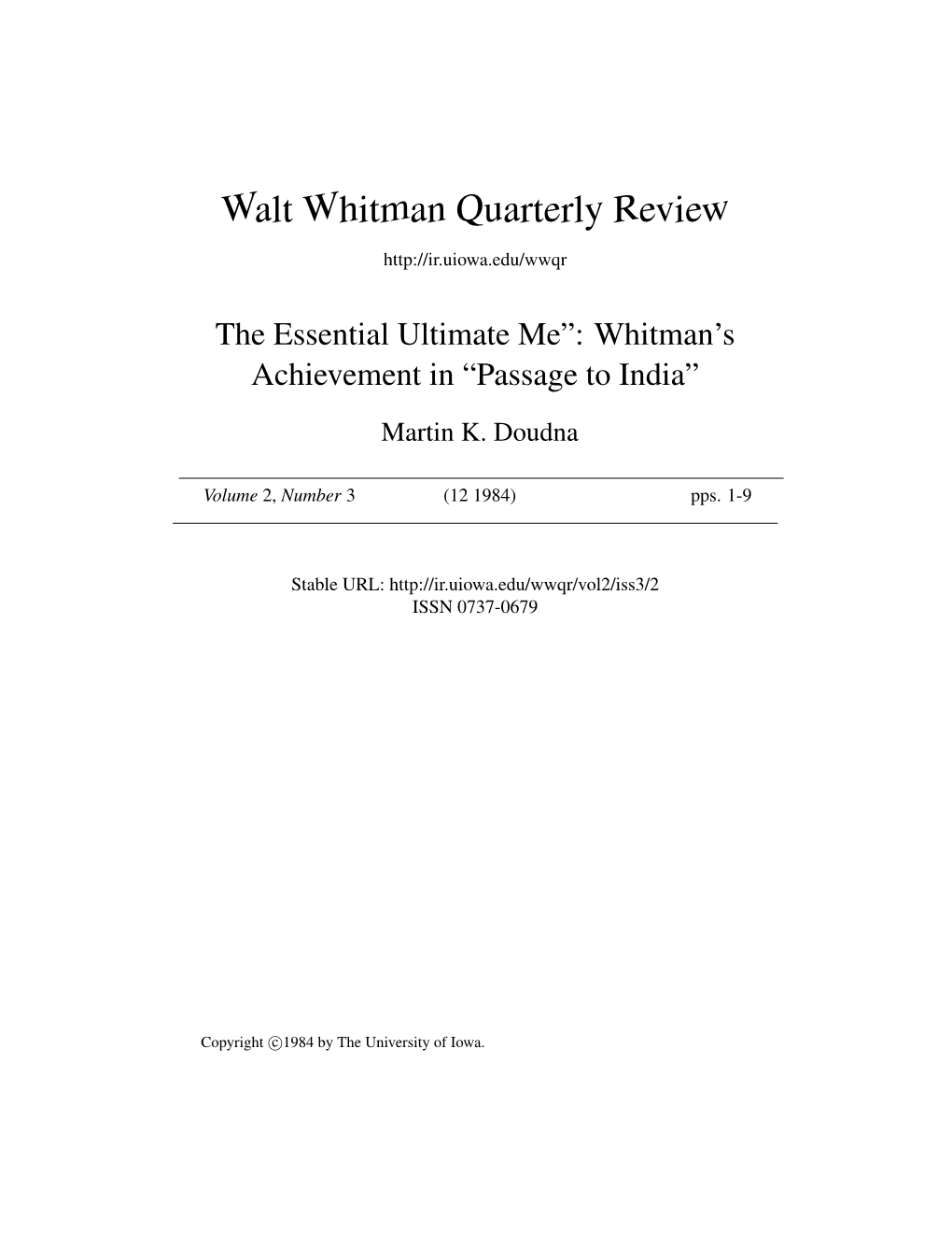 Walt Whitman Quarterly Review