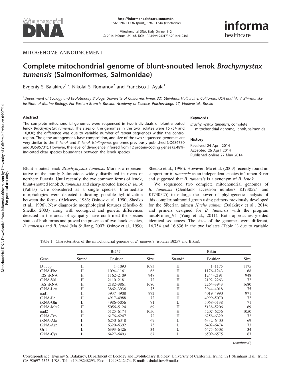 Complete Mitochondrial Genome of Blunt-Snouted Lenok Brachymystax Tumensis (Salmoniformes, Salmonidae)