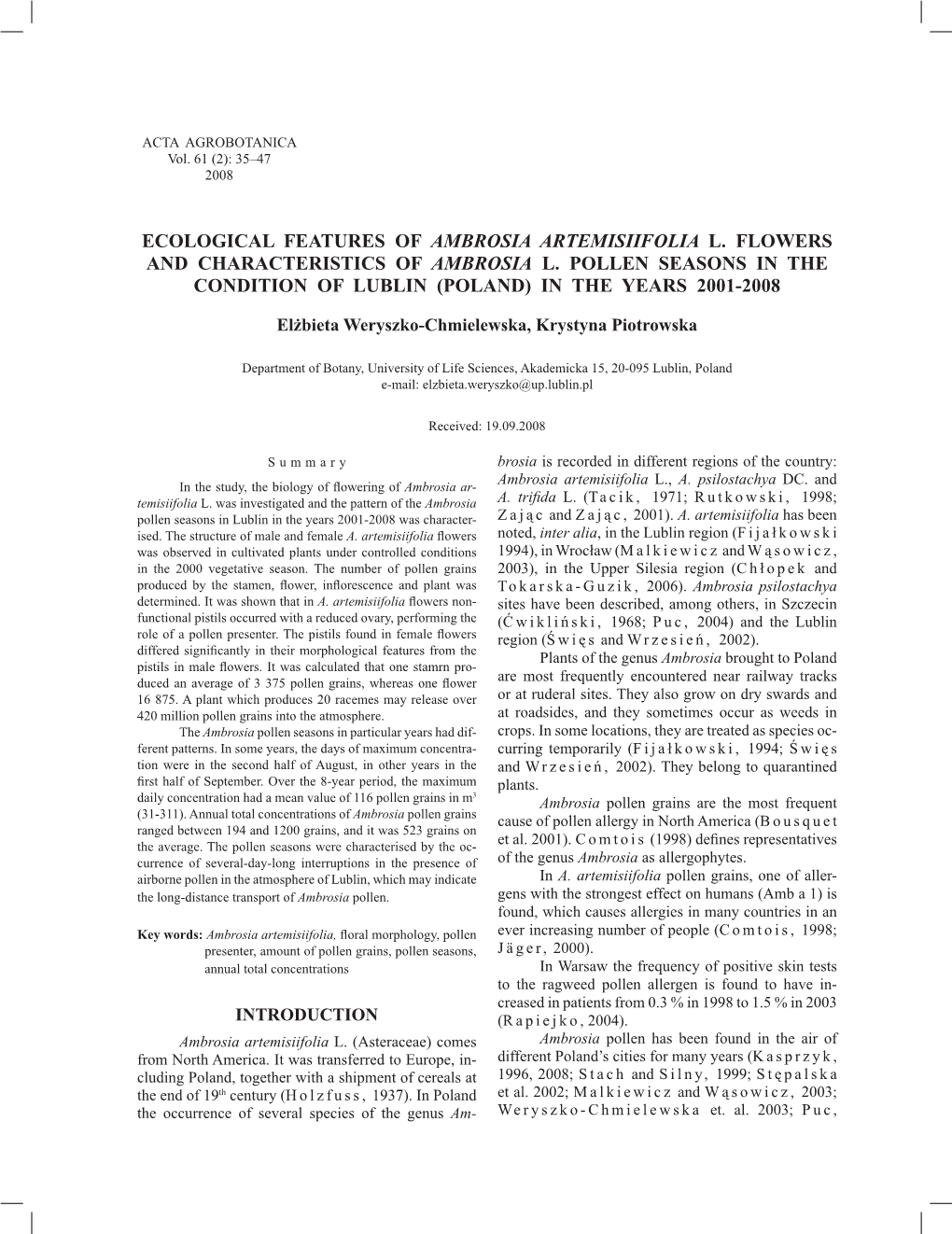 Ecological Features of Ambrosia Artemisiifolia L