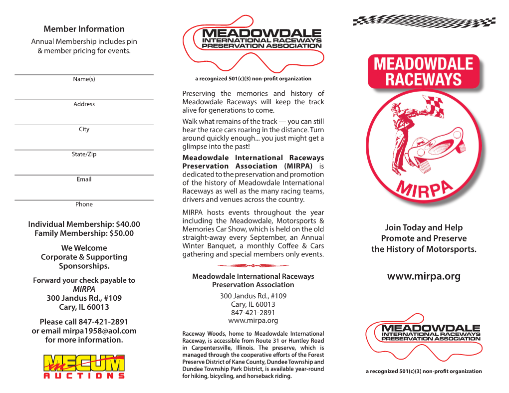 MEADOWDALE Annual Membership Includes Pin INTERNATIONAL RACEWAYS PRESERVATION ASSOCIATION & Member Pricing for Events