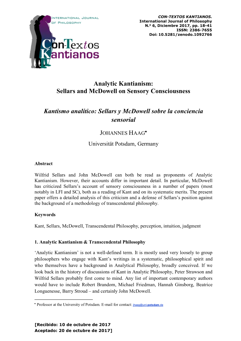 Analytic Kantianism: Sellars and Mcdowell on Sensory Consciousness