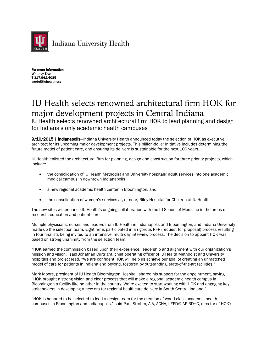 IU Health Selects Renowned Architectural Firm HOK for Major