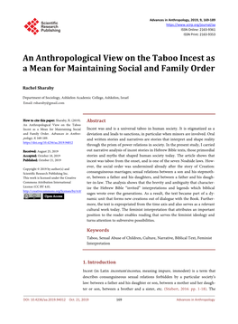 An Anthropological View on the Taboo Incest As a Mean for Maintaining Social and Family Order